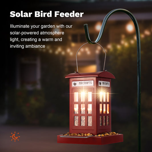 Solar Bird Feeders for Outdoors Hanging, Solar Lantern & Phone Booth Design, Unique Gift for Family, Durable & Waterproof Metal Wild Bird Feeder House for Cardinals, Chickadees etc.
